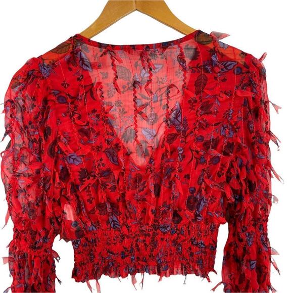 Red Floral Smocked Sheer Blouse Zara Fringing Cropped Top Long Sleeve Size XS - Picture 16 of 16